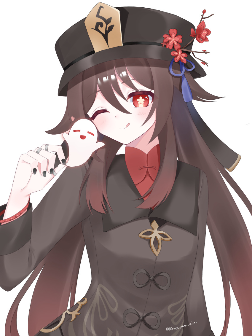 1girl ;q black_headwear black_nails black_shirt boo_tao_(genshin_impact) brown_hair commentary_request genshin_impact highres hu_tao_(genshin_impact) kino_(curry_pan) long_hair long_sleeves looking_at_viewer nail_polish one_eye_closed red_eyes shirt simple_background smile solo tongue tongue_out upper_body very_long_hair white_background