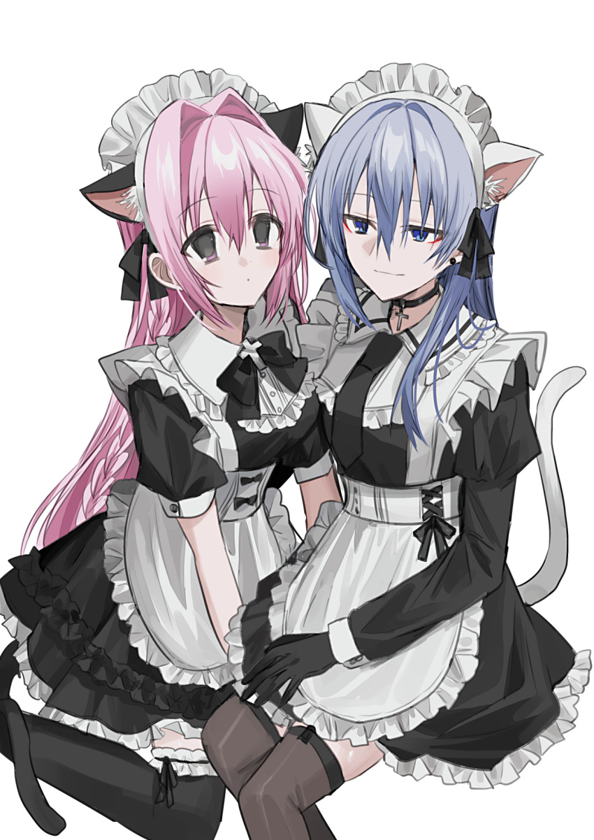 2girls alternate_costume animal_ear_fluff animal_ears apron black_bow black_dress black_gloves black_necktie black_thighhighs blue_eyes bow braid breasts brown_thighhighs cat_ears cat_girl cat_tail chihuri closed_mouth commentary_request dress ende_(chihuri) enmaided frilled_apron frilled_thighhighs frills gloves grey_hair hair_intakes highres juliet_sleeves long_hair long_sleeves maid maid_headdress medium_breasts multiple_girls nea_(chihuri) necktie original pink_hair puffy_short_sleeves puffy_sleeves short_sleeves simple_background smile tail thigh-highs very_long_hair violet_eyes white_apron white_background