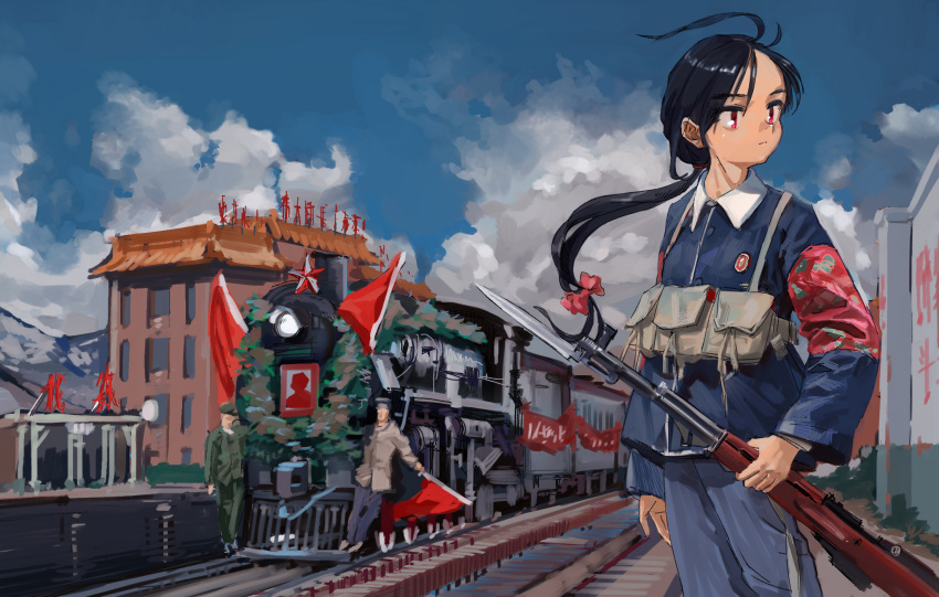 1boy 1girl ammunition_pouch architecture armband axdg badge banner bayonet blue_pants blue_sky bow brown_footwear brown_jacket building chest_rig china chinese_clothes chinese_text clouds cloudy_sky collar collared_jacket communism cultural_revolution east_asian_architecture floating_hair gun hair_bow headlight highres holding holding_gun holding_weapon jacket locomotive long_hair looking_to_the_side military mountain mountainous_horizon on_vehicle original pants parted_bangs people ponytail portrait_(object) pouch railroad_tracks red_armband red_bow red_eyes red_flag red_guard red_star rifle scenery sks sky smoke star_(symbol) steam_locomotive train train_station weapon white_collar wreath