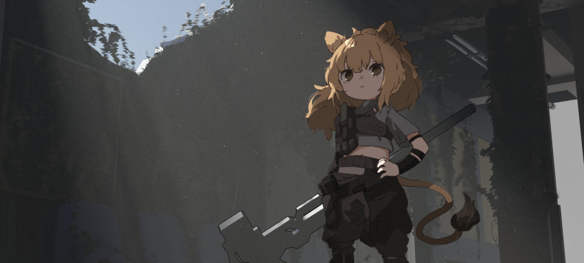 1girl amonitto animal_ears arknights belt black_pants brown_eyes brown_hair closed_mouth day detached_sleeves feet_out_of_frame grey_shirt hammer hand_on_own_hip highres holding holding_hammer lion_tail long_hair looking_at_viewer outdoors pants ruins shirt short_sleeves siege_(arknights) siege_(city_destroyer)_(arknights) solo standing sunlight tail