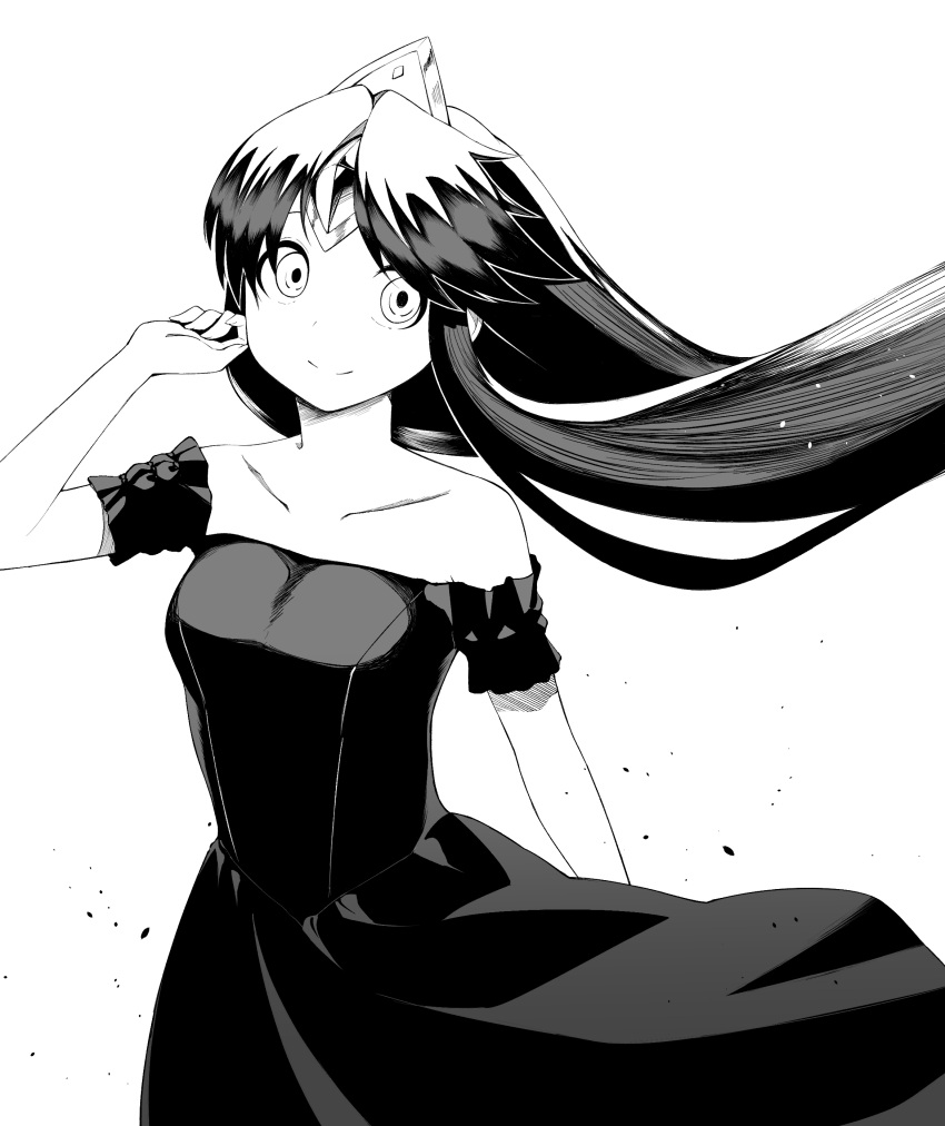 1girl absurdres alternate_costume bare_shoulders black_dress blush closed_mouth collarbone dress floating_hair grand_summoners hand_up highres long_dress long_hair looking_at_viewer monochrome no.2_(grand_summoners) off-shoulder_dress off_shoulder puppuppa smile solo strapless strapless_dress white_background