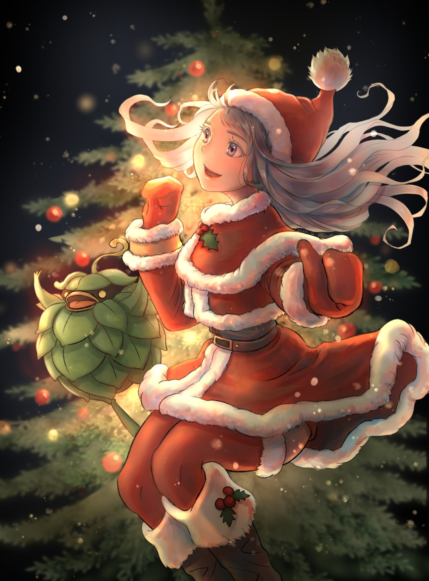 1girl :d arciela_v_adoulin blue_eyes boots brown_footwear cactus41747280 capelet christmas_ornaments christmas_tree creature final_fantasy final_fantasy_xi floating_hair fur-trimmed_boots fur-trimmed_capelet fur-trimmed_headwear fur-trimmed_legwear fur_trim grey_hair hat highres holly hume leafkin light_particles long_hair long_sleeves mittens open_mouth red_capelet red_headwear red_mittens red_thighhighs santa_boots santa_costume santa_hat smile thigh-highs