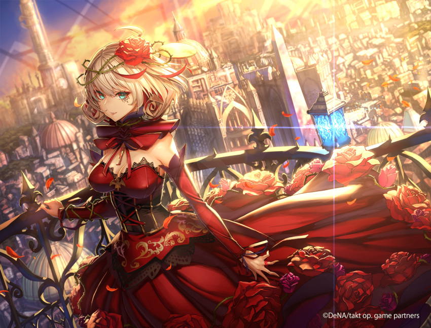 1girl anna_schneider colored_inner_hair crown_of_thorns destiny_(takt_op.) detached_sleeves dress eyeshadow flower hair_flower hair_ornament looking_at_viewer makeup multicolored_hair red_dress red_eyeshadow red_flower red_rose red_sleeves redhead rose solo takt_op. tef thorns