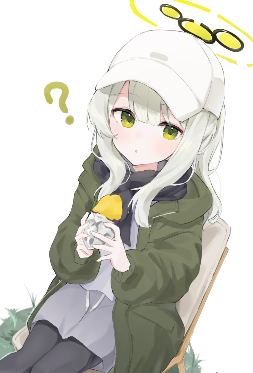 1girl ? absurdres black_pantyhose black_scarf blue_archive blush food green_eyes green_jacket grey_hair grey_shorts halo hare_(blue_archive) hare_(camp)_(blue_archive) hat highres holding holding_food hood hood_down hooded_jacket jacket long_hair long_sleeves looking_at_viewer noko_(nco029685627) official_alternate_costume open_clothes open_jacket pantyhose parted_lips scarf shorts simple_background solo sweet_potato white_background white_headwear