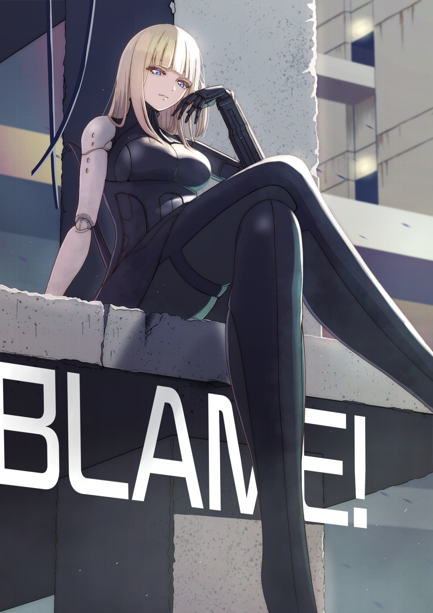 1girl absurdres arema blame! blonde_hair blue_eyes blunt_bangs breasts cibo concrete crossed_legs cyberpunk hand_up highres joints long_hair long_legs mechanical_arms no_humans robot_joints science_fiction solo tall_female