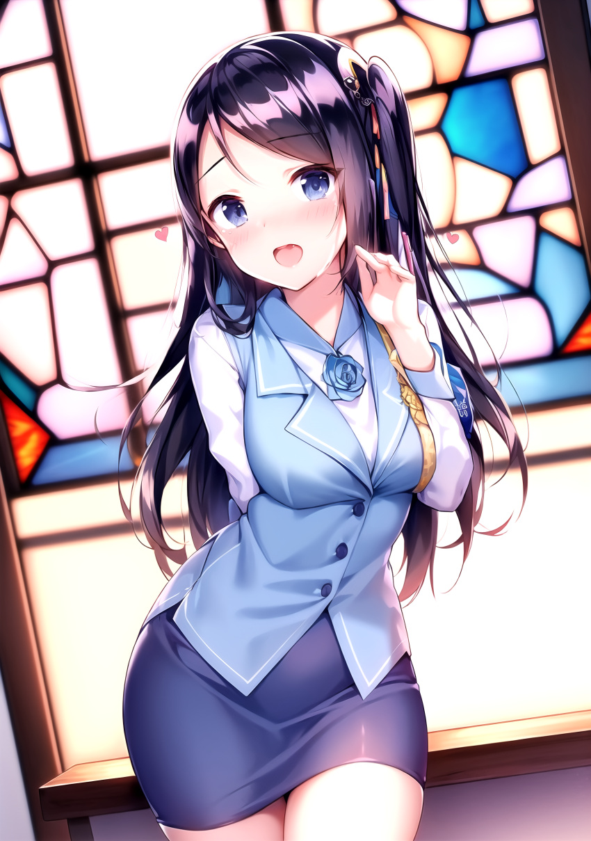 1girl absurdres ai-generated armband black_hair blue_skirt blue_vest collared_shirt highres krt_girls long_hair long_sleeves one_side_up parted_bangs shirt skirt smile taiwan uniform vest xiao_qiong