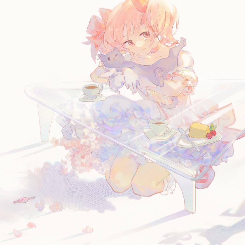 1girl absurdres amy_(madoka_magica) animal backlighting berry black_cat bobby_socks bow bubble_skirt cat center_frills cherry_blossoms choker coffee_table collarbone commentary crossed_arms cup dessert dot_nose drink elbow_rest english_commentary eyelashes facing_viewer flower food frilled_skirt frilled_sleeves frills full_body glass_table gloves hair_ribbon happy happy_tears head_tilt highres holding holding_animal kaname_madoka kyubey light_blush light_smile mahou_shoujo_madoka_magica mahou_shoujo_madoka_magica_(anime) mint out_of_frame pale_color parted_lips petals pink_bow pink_eyes pink_flower pink_hair pudding puffy_short_sleeves puffy_sleeves red_choker red_footwear red_ribbon ribbon ribbon_choker saucer shadow shoes short_sleeves short_twintails sideways_glance simple_background siren_(jzy601306223) sitting skirt socks solo soul_gem spoon sunlight table tea teacup tearing_up tears twintails waist_bow wariza white_background white_gloves white_skirt white_socks