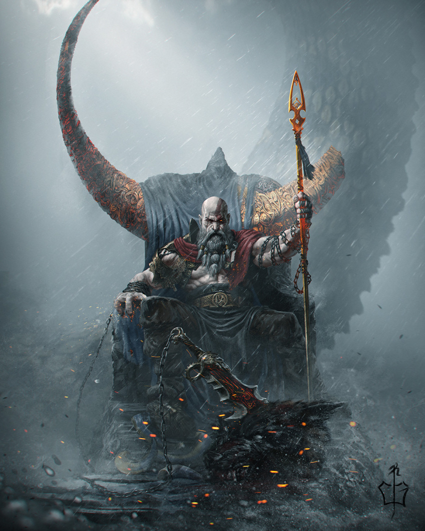 1boy abs bald beard blades_of_chaos chain chain_blades ckgoksoy commentary decapitation embers english_commentary facial_hair fantasy god_of_war highres holding holding_polearm holding_weapon kratos mature_male muscular muscular_male norse one-eyed pale_skin polearm scar scar_across_eye scar_on_face signature solo spear tattoo throne weapon yellow_eyes