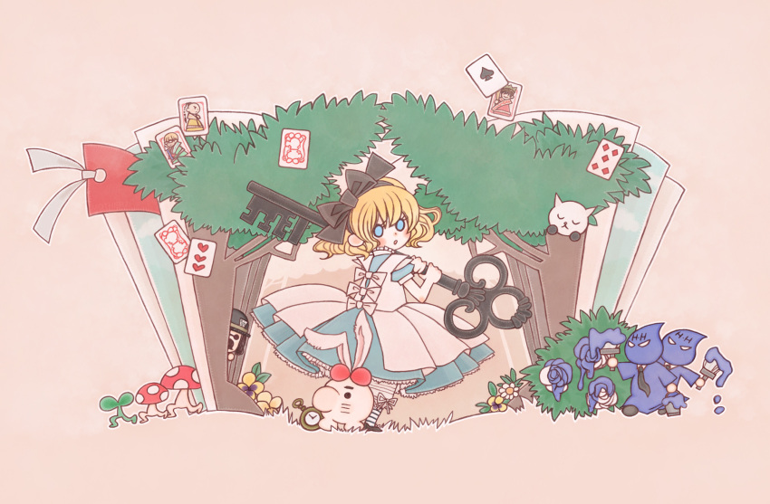 1girl ace_(playing_card) ace_of_spades alice_(alice_in_wonderland) alice_(alice_in_wonderland)_(cosplay) alice_in_wonderland apron black_bow blonde_hair blue_dress blue_eyes blush_stickers book bow card cosplay doseisan dress everdred_(mother_2) eyelashes five_of_diamonds flower hair_bow highres holding holding_key jeff_andonuts key looking_back mother_(game) mother_2 ness_(mother_2) open_book paint paula_(mother_2) playing_card pocket_watch poo_(mother_2) ramblin'_evil_mushroom rose rose_bush sasa_(toriiro) socks spade_(shape) striped striped_socks three_of_hearts tree watch white_apron white_bow white_flower white_rose yellow_flower