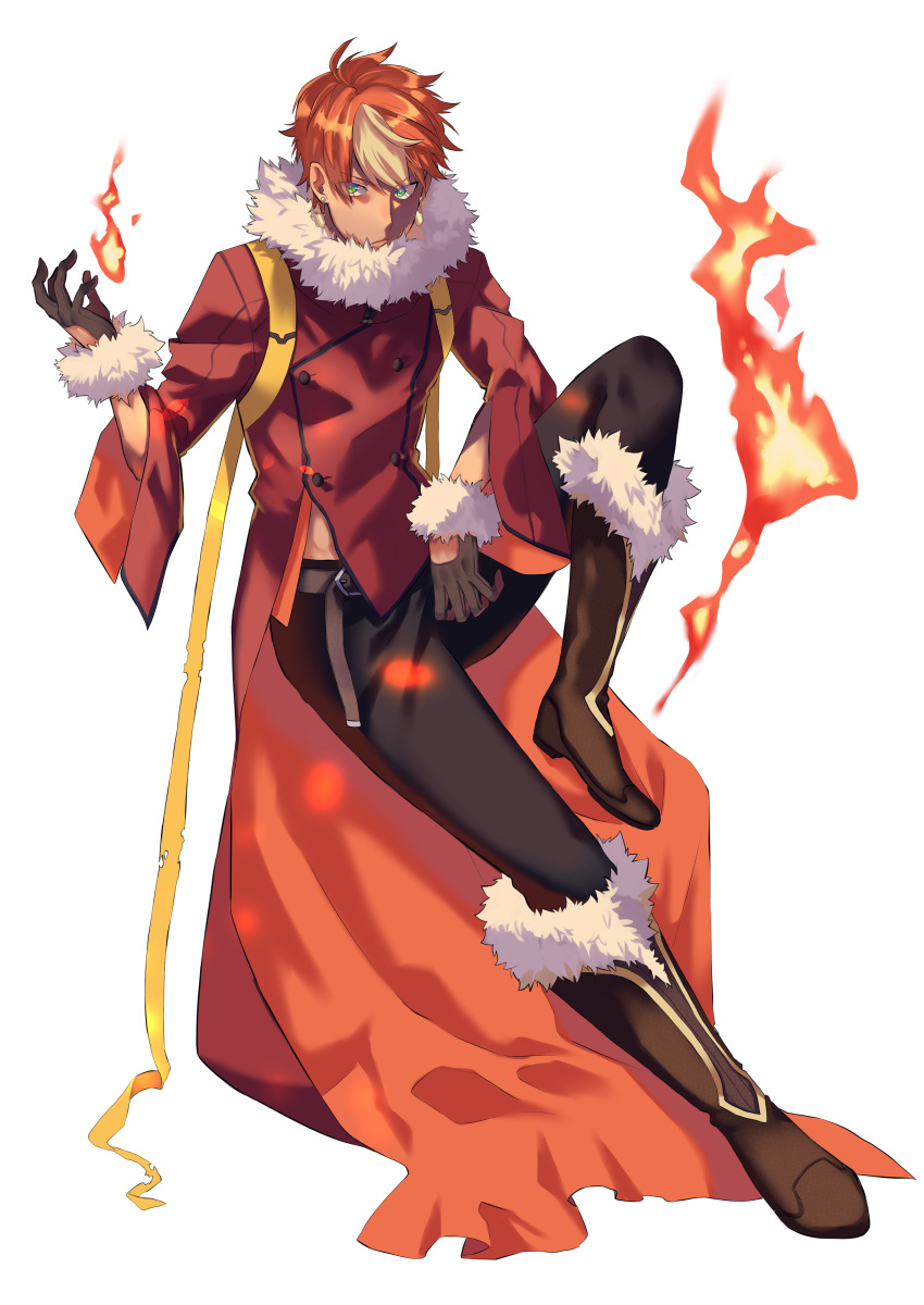 1boy absurdres aqua_eyes belt black_gloves black_pants boots ebippoid fire flareon full_body fur-trimmed_boots fur-trimmed_jacket fur_trim gloves highres jacket knee_boots knee_up looking_at_viewer pants personification pokemon red_jacket redhead ribbon sitting solo yellow_ribbon