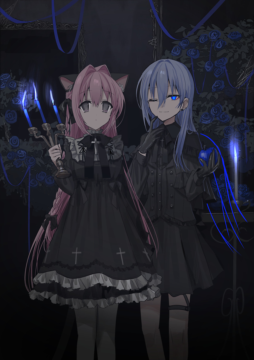 2girls ;) absurdres animal_ear_fluff animal_ears apple black_bow black_dress black_gloves black_shirt black_skirt black_vest blue_eyes blue_fire blue_flower blue_rose bow braid candle candlestand cat_ears chihuri closed_mouth collared_shirt commentary_request dress dress_shirt ende_(chihuri) feet_out_of_frame fire flower food frilled_dress frills fruit gloves grey_hair hair_between_eyes hair_bow hair_intakes highres holding holding_food holding_fruit indoors long_hair long_sleeves multiple_girls nea_(chihuri) one_eye_closed original pantyhose pink_hair pleated_skirt puffy_long_sleeves puffy_sleeves rose shirt skirt smile standing very_long_hair vest violet_eyes white_pantyhose