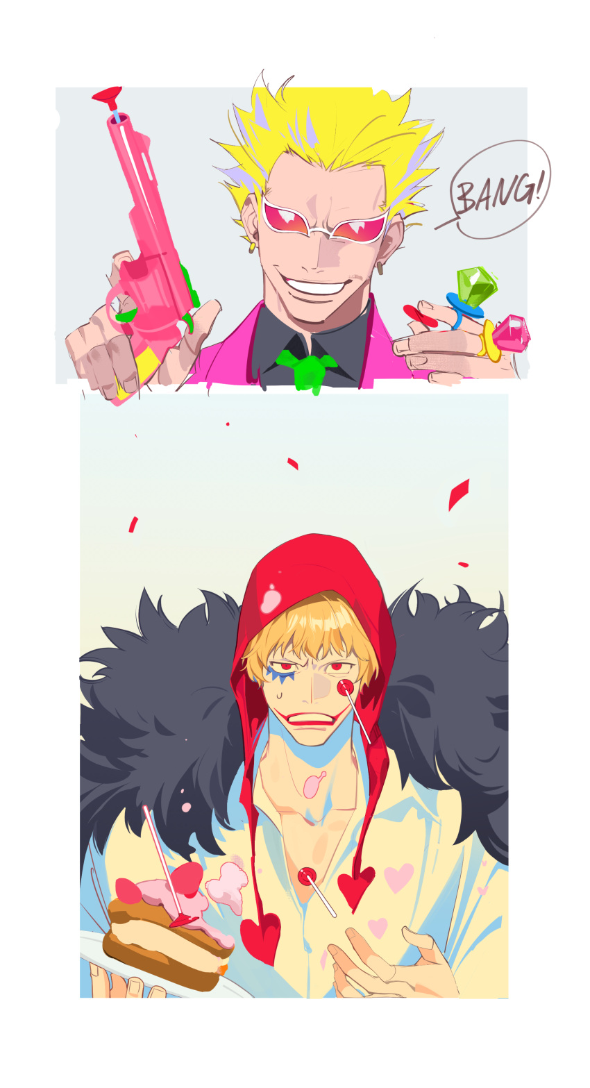 2boys absurdres arms_up black_coat black_shirt blonde_hair brothers cake cake_slice coat collared_shirt donquixote_doflamingo donquixote_rocinante earrings english_text firing food gun heart heart_print highres holding holding_gun holding_plate holding_weapon jacket jewelry makeup multiple_boys multiple_rings one_piece open_mouth pink_jacket plate red_eyes red_hood ring shirt short_hair siblings smile speech_bubble sunglasses teeth tobu_0w0 weapon white_shirt