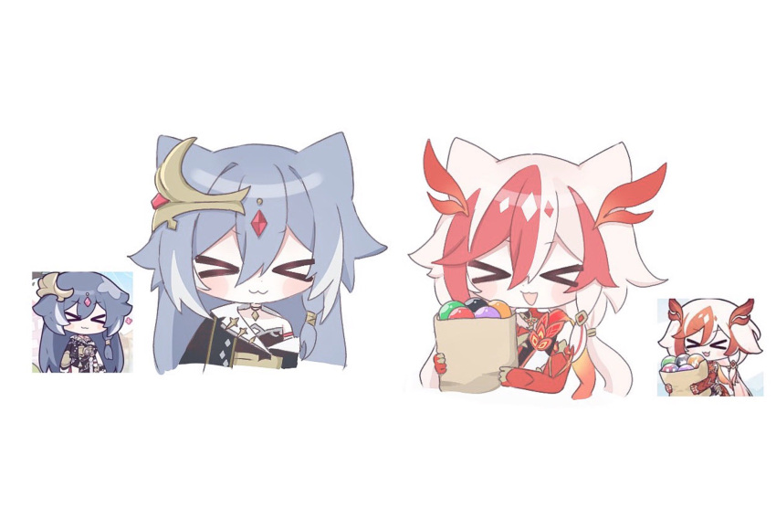 animal_hands bag bare_shoulders black_sports_bra brown_bag chibi chibi_inset chinese_clothes claws closed_eyes closed_mouth detached_sleeves elbow_gloves eyeliner fu_hua fu_hua_(garuda) gloves hair_between_eyes highres holding holding_bag honkai_(series) honkai_impact_3rd long_hair low-tied_long_hair low_twintails makeup multicolored_hair open_mouth paper_bag red_eyeliner red_gloves red_rope red_scales redhead rope scales simple_background sports_bra sportswear streaked_hair twintails two-tone_hair very_long_hair white_background white_hair xtx_mercury