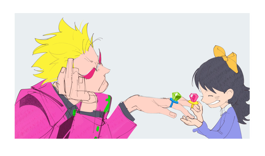 1boy 1girl aged_down arms_up baby_5 black_hair blonde_hair blue_dress bow child closed_eyes donquixote_doflamingo dress hair_bow head_rest highres jacket jewelry long_hair multiple_rings one_piece pink_jacket portrait ring ring_pop short_hair smile sunglasses tobu_0w0 yellow_bow