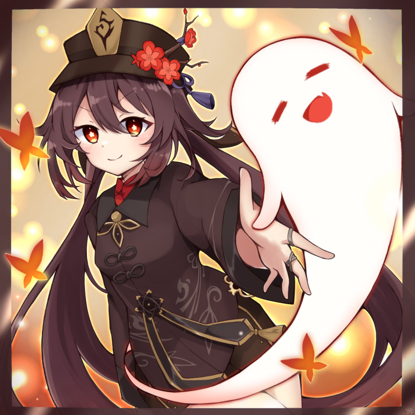 1girl blush boo_tao_(genshin_impact) brown_hair bug butterfly chinese_clothes flower flower-shaped_pupils genshin_impact ghost hat highres hu_tao_(genshin_impact) jewelry long_hair long_sleeves looking_at_viewer low_twintails multiple_rings orange_eyes plum_blossoms porkpie_hat rageno0000 reaching reaching_towards_viewer ring short_jumpsuit shorts smile solo symbol-shaped_pupils twintails very_long_hair