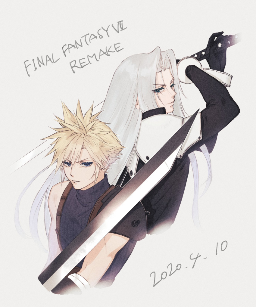 2boys ah_yoshimizu armor bandaged_arm bandages black_coat black_gloves blonde_hair blue_eyes buster_sword cloud_strife coat copyright_name cropped_torso dated expressionless fighting_stance final_fantasy final_fantasy_vii final_fantasy_vii_remake gloves green_eyes grey_background grey_hair hands_up highres holding holding_sword holding_weapon katana long_hair looking_at_another looking_back looking_to_the_side male_focus multiple_boys pauldrons sephiroth short_hair shoulder_armor single_pauldron sleeveless sleeveless_turtleneck spiky_hair suspenders sword turtleneck upper_body weapon