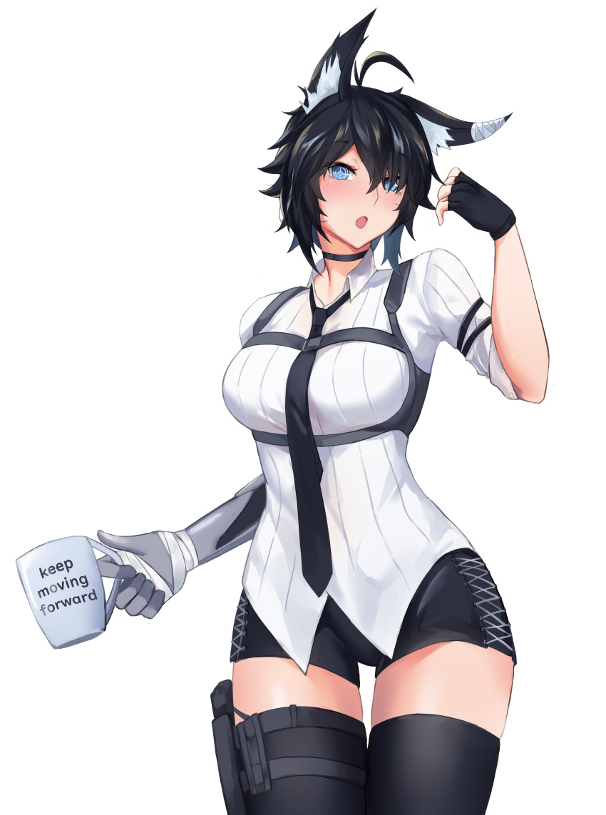 1girl absurdres ahoge animal_ear_fluff animal_ears bandages black_hair black_shorts black_thighhighs blue_eyes blush chest_harness choker collared_shirt commission cup fingerless_gloves gloves harness highres holding holding_cup kisu looking_at_viewer mechanical_arms mug necktie rd_(ardeee) shirt shorts single_mechanical_arm thigh-highs vrchat white_shirt wolf_ears