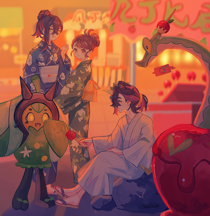 1boy 2girls alpha_poke apple black_eyes black_hair blurry blurry_background brown_eyes brown_hair candy_apple carmine_(pokemon) closed_mouth colored_inner_hair colored_sclera commentary_request crossed_bangs fangs floating food fruit highres holding holding_food horns hydrapple japanese_clothes juliana_(pokemon) kimono long_hair multicolored_hair multiple_girls new_year ogerpon on_rock open_mouth pokemon pokemon_(creature) pokemon_sv purple_hair redhead rock rotom rotom_dex sandals short_hair sitting sitting_on_rock smile standing star-shaped_pupils star_(symbol) symbol-shaped_pupils two-tone_hair worm yellow_eyes yellow_sclera yukata