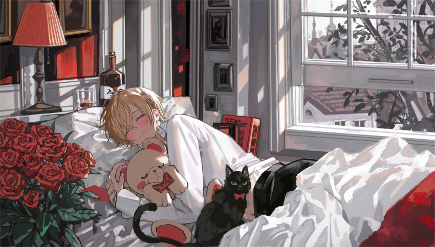 1boy architecture bed bed_sheet black_cat black_pants blanket blonde_hair blush book bottle bow bowtie cat closed_eyes commentary_request flower glass highres hugging_object indoors long_sleeves lying male_focus midriff_peek nana_tetra on_side original pants picture_frame pillow red_bow red_bowtie red_flower red_rose rose shirt short_hair smile solo stuffed_animal stuffed_toy teddy_bear tree white_shirt window