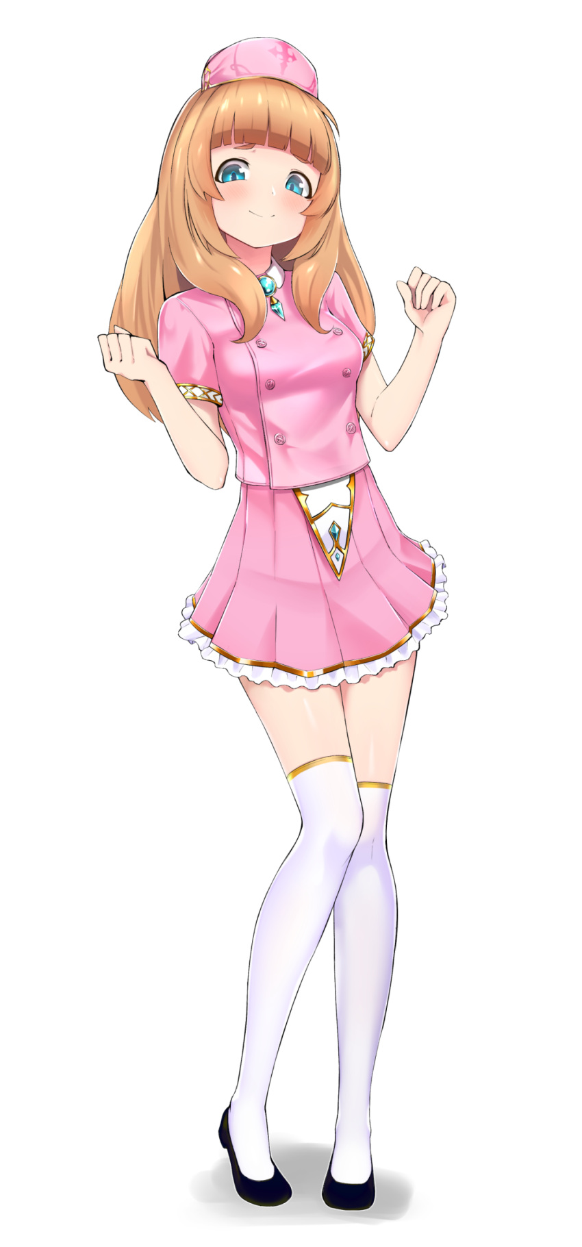1girl absurdres alternate_costume blue_eyes blunt_bangs blush full_body grand_summoners hat highres liese_(grand_summoners) long_hair looking_at_viewer nurse nurse_cap puppuppa shoes smile solo standing thigh-highs