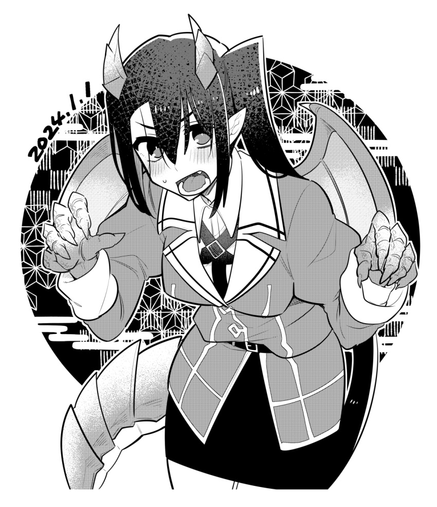 1girl blush breasts chinese_zodiac claws dated dragon_girl dragon_horns dragon_tail dragon_wings fang greyscale hair_between_eyes higaragi highres horns kantai_collection long_hair long_sleeves looking_at_viewer medium_breasts monochrome nachi_(kancolle) nachi_kai_ni_(kancolle) open_mouth pencil_skirt pointy_ears ponytail side_ponytail skirt solo sweat tail very_long_hair wings year_of_the_dragon