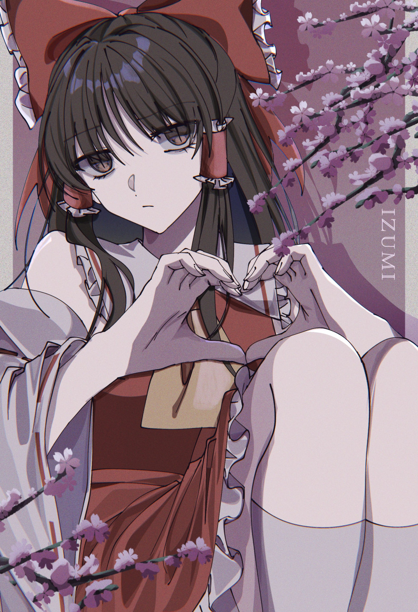 1girl absurdres ascot black_eyeliner black_hair bow branch cherry_blossoms detached_sleeves expressionless eyelashes eyeliner frilled_bow frilled_hair_tubes frills hair_between_eyes hair_bow hair_tubes hakurei_reimu heart heart_hands highres izumi_481 kneehighs long_hair makeup red_bow red_eyes ribbon-trimmed_sleeves ribbon_trim sidelocks skirt socks solo touhou yellow_ascot