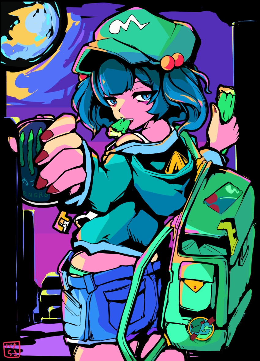 1girl backpack bag bananachiken blue_eyes blue_hair blue_shorts commentary_request energy_drink flat_cap green_headwear hat highres hood hoodie kawashiro_nitori looking_at_viewer red_nails shorts signature solo touhou two_side_up