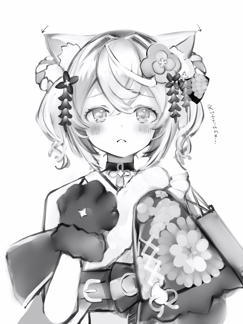 1girl absurdres animal_ear_fluff animal_ears animal_hands blush choker crossed_bangs dog_ears dot_nose frown fur_collar gloves greyscale hair_between_eyes hair_ornament highres hololive hololive_english japanese_clothes kimono leaf_hair_ornament looking_at_viewer mococo_abyssgard mococo_abyssgard_(new_year) monochrome nanashi_(nlo) paw_gloves short_hair simple_background solo upper_body virtual_youtuber