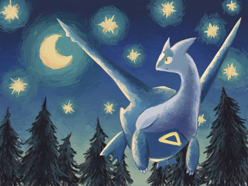 7_phi_3 animal_focus blue_skin blue_sky claws colored_skin commentary_request crescent_moon highres latios moon multicolored_skin night night_sky no_humans pokemon pokemon_(creature) sky star_(sky) tree two-tone_skin white_skin wings yellow_eyes