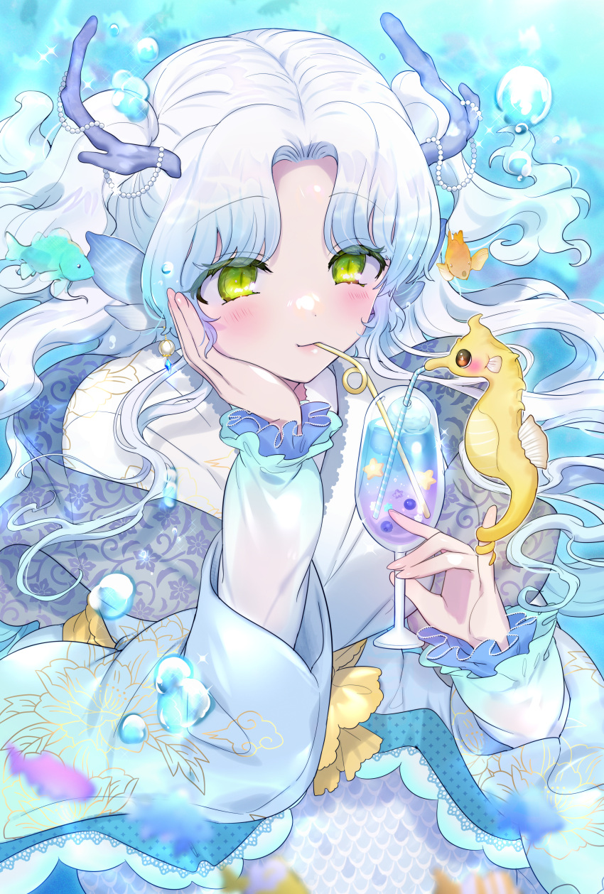 1girl absurdres bubble cup drinking drinking_straw fins fish food green_eyes hand_on_own_cheek hand_on_own_face head_fins highres holding holding_cup horns ice_cream ice_cream_float kakizato long_sleeves new_year original scales seahorse solo star_(symbol) two_side_up underwater white_hair