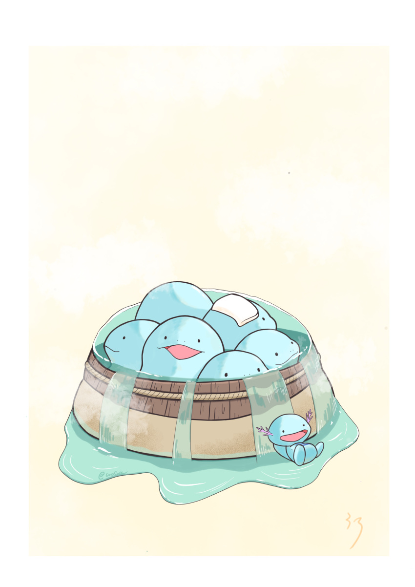 absurdres animal_focus bathtub blue_skin border colored_skin commentary_request evolutionary_line highres no_humans open_mouth pokemon pokemon_(creature) quagsire simple_background smile solid_oval_eyes towel towel_on_head uroillustration water white_background white_border wooper