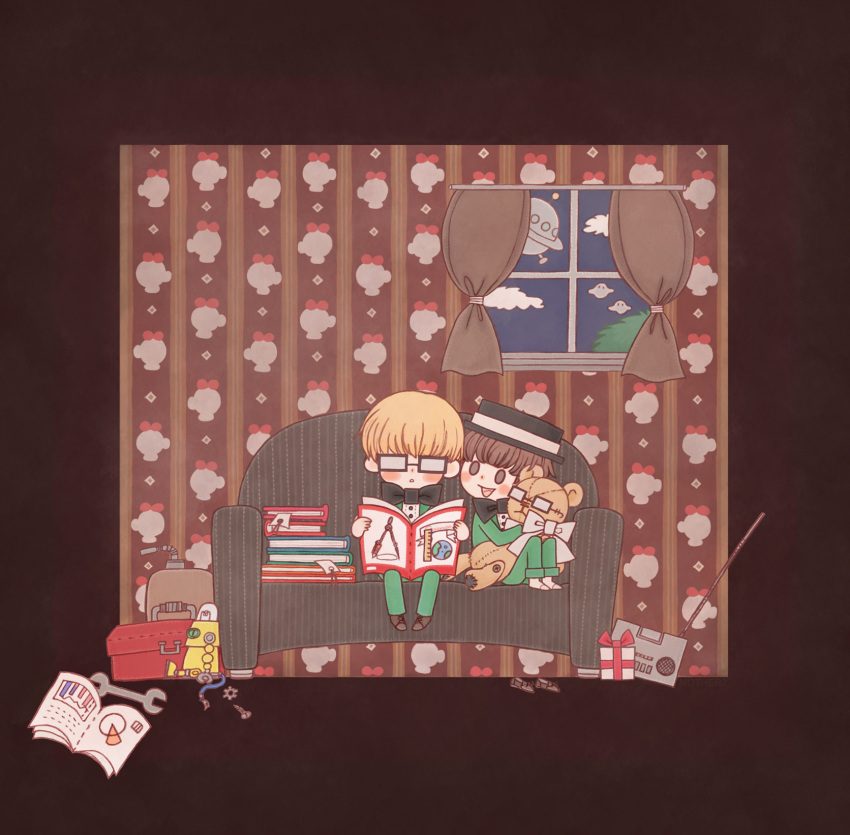 2boys black_bow black_bowtie black_headwear blonde_hair blush_stickers book book_stack bow bowtie box brown_eyes brown_hair couch curtains doseisan gift gift_box glasses green_jacket green_pants highres jacket jeff_andonuts male_focus mother_(game) mother_2 multiple_boys open_book open_mouth pants radio robot sasa_(toriiro) shirt shoes socks stuffed_animal stuffed_toy teddy_bear tony_(mother_2) toolbox unworn_shoes white_shirt white_socks window wrench
