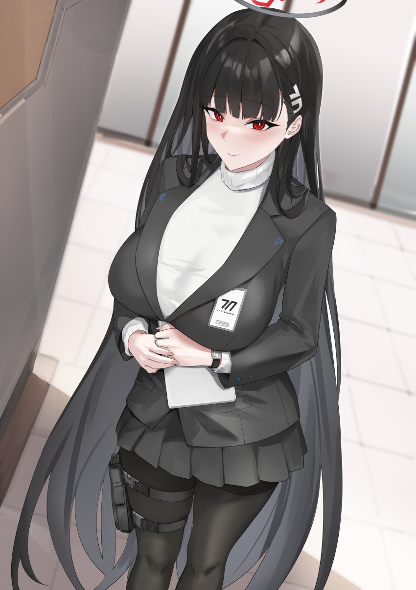 1girl black_hair black_pantyhose blazer blazingchaos blue_archive blush breasts hair_ornament hairclip halo highres holster jacket long_hair looking_at_viewer pantyhose pleated_skirt red_eyes rio_(blue_archive) skirt smile solo sweater thigh_holster turtleneck turtleneck_sweater very_long_hair watch watch