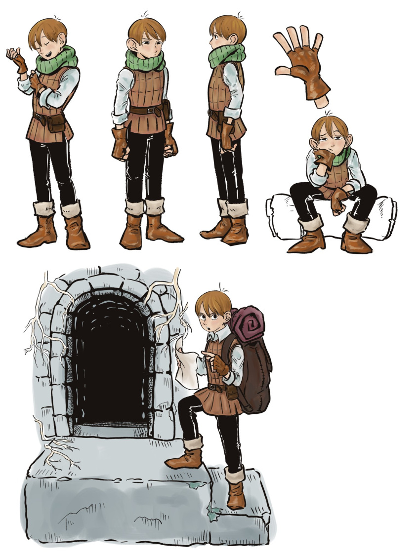 1boy adjusting_clothes ankle_boots arch armor arms_at_sides belt_pouch boots bored brown_footwear brown_gloves brown_hair chilchuck_tims closed_eyes dungeon_meshi fingerless_gloves frown gloves green_scarf h_sinva hair_between_eyes halfling hand_on_own_cheek hand_on_own_face hand_up head_rest highres holding holding_paper leather_armor long_sleeves looking_at_viewer looking_to_the_side male_focus multiple_views paper plant pointing pouch profile scarf shirt short_hair simple_background sitting sleeves_rolled_up smile stairs standing turnaround vines walking white_background white_shirt
