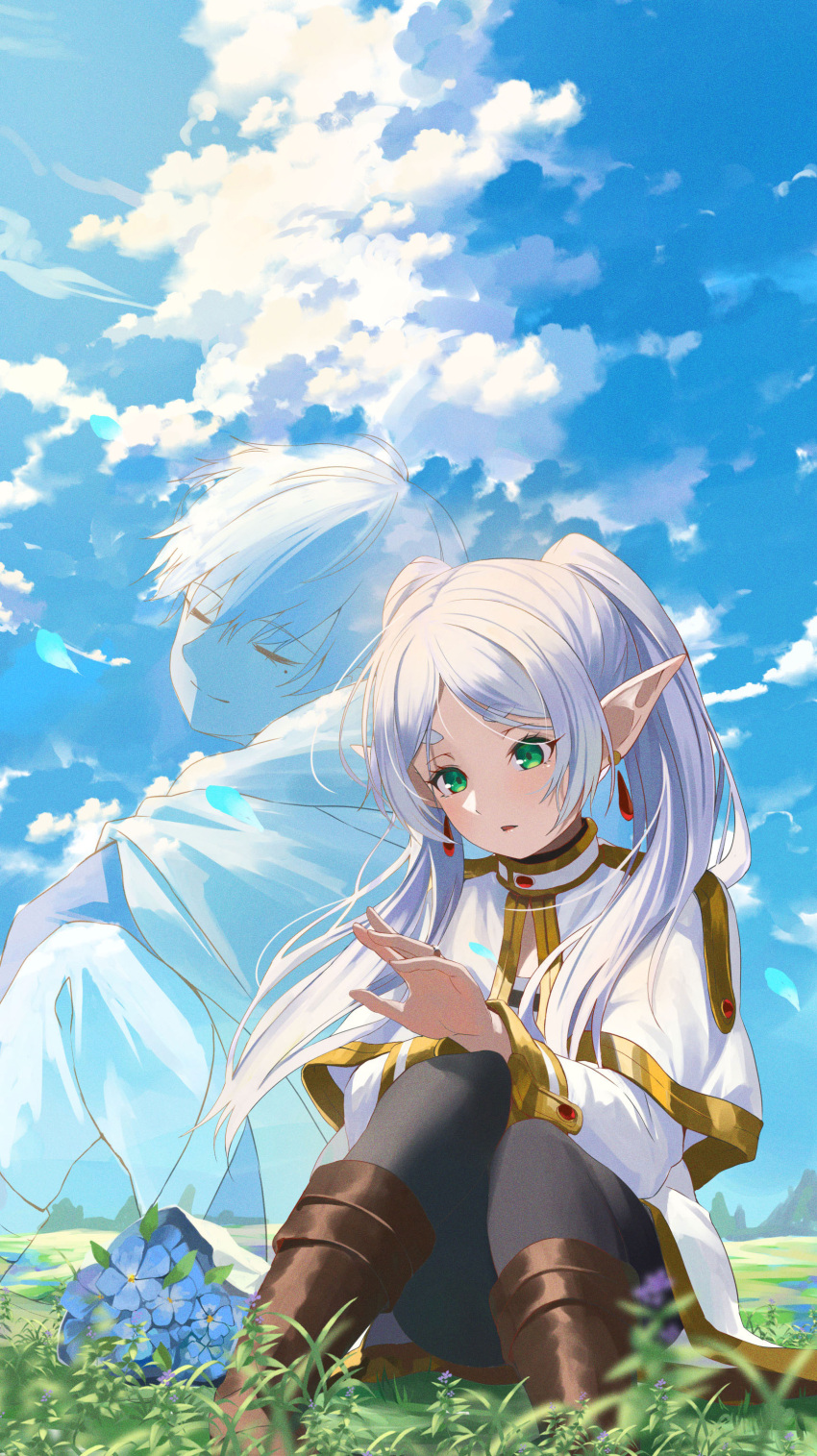 1boy 1girl absurdres blue_sky blush boots brown_footwear capelet chakuma_(yiyh1468) closed_eyes closed_mouth commentary_request day earrings elf flower frieren grass green_eyes highres himmel_(sousou_no_frieren) jewelry long_hair long_sleeves outdoors parted_bangs parted_lips pointy_ears sitting sky sousou_no_frieren transparent twintails white_capelet white_hair