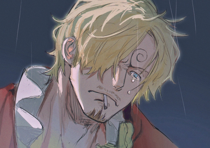 1boy blonde_hair cigarette crying crying_with_eyes_open curly_eyebrows facial_hair hair_over_one_eye highres male_focus one_piece rain sanji_(one_piece) smoking sweetdou3 tears