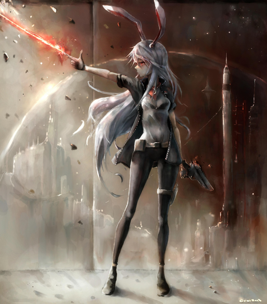 1girl absurdres animal_ears artist_name black_gloves black_jacket black_pants breasts cityscape closed_mouth commentary english_commentary gewitter8 gloves gun highres holding holding_gun holding_weapon jacket laser long_hair pants purple_hair rabbit_ears rabbit_girl red_eyes reisen_udongein_inaba short_sleeves solo touhou weapon