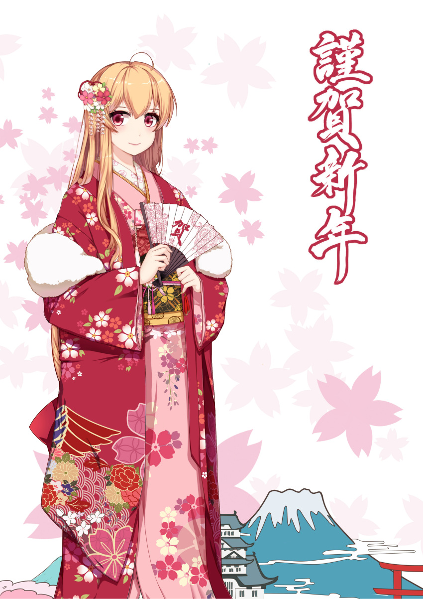 1girl absurdres ahoge brown_hair commentary floral_background folding_fan fur_collar furisode hair_ornament hand_fan hand_fan_writing highres holding japanese_clothes kimono long_hair looking_at_viewer mount_fuji nengajou new_year orange_eyes original photoshop_(medium) revision seigaiha smile solo sugar_sound takanashi_satou torii translated very_long_hair