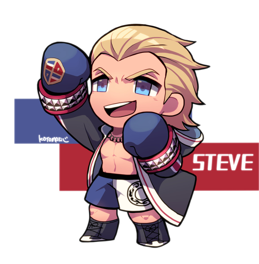 1boy arm_up bare_pectorals black_coat black_footwear blonde_hair blue_eyes blue_gloves boxing_gloves character_name chibi coat full_body gloves hair_slicked_back highres kotorai male_focus no_nose open_clothes open_coat open_mouth pectorals short_hair shorts signature solo steve_fox teeth tekken upper_teeth_only