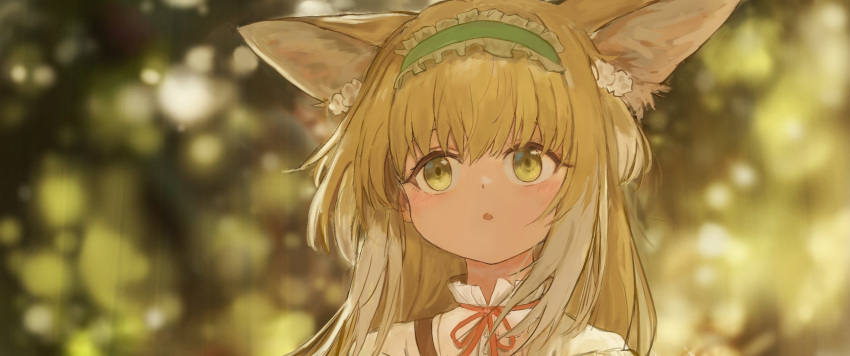 1girl animal_ears arknights blonde_hair blue_hairband blurry blurry_background blush colored_tips commentary english_commentary fox_ears fox_girl frilled_hairband frills green_eyes gumiaoandpeace hairband highres long_hair looking_at_viewer multicolored_hair neck_ribbon parted_lips portrait red_ribbon ribbon solo suzuran_(arknights) suzuran_(spring_praise)_(arknights) two-tone_hair white_hair