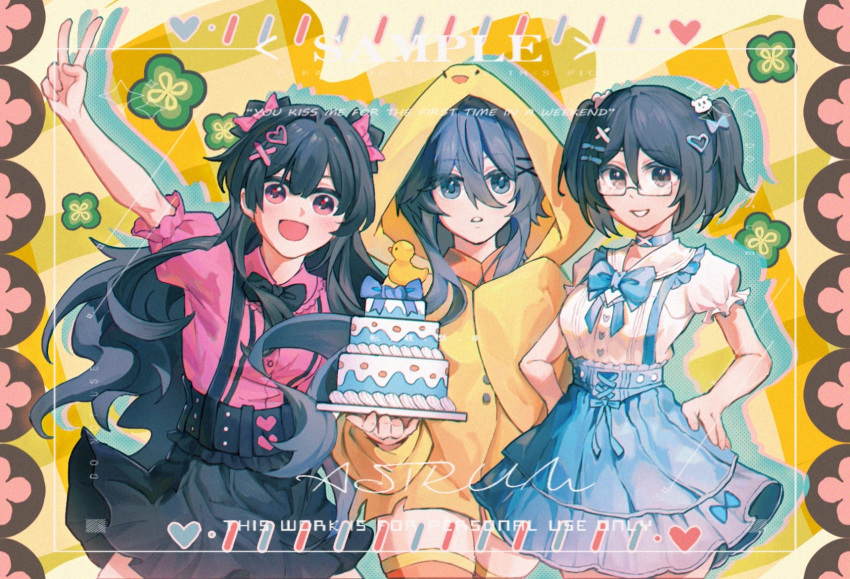 3girls black_bow black_bowtie black_hair black_skirt blue_bow blue_choker blue_eyes blue_skirt bow bowtie brown_eyes cake character_request choker copyright_request food hair_between_eyes hair_bow hair_ornament hairclip haisongshiwu heart heart_hair_ornament highres holding holding_cake holding_food hood hoodie long_hair multiple_girls open_mouth parted_lips purple_bow purple_shirt rubber_duck sample_watermark shirt short_sleeves sidelocks skirt thigh-highs two_side_up violet_eyes watermark white_shirt x_hair_ornament yellow_hoodie yellow_thighhighs