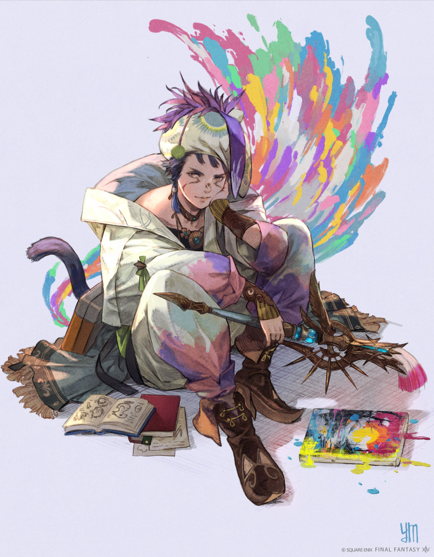 1boy cat_tail facial_mark final_fantasy final_fantasy_xiv hand_on_own_face highres looking_at_viewer miqo'te mogi_yuusuke official_art paint paintbrush pictomancer_(final_fantasy) purple_hair simple_background sitting sketchbook smile tail warrior_of_light_(ff14)