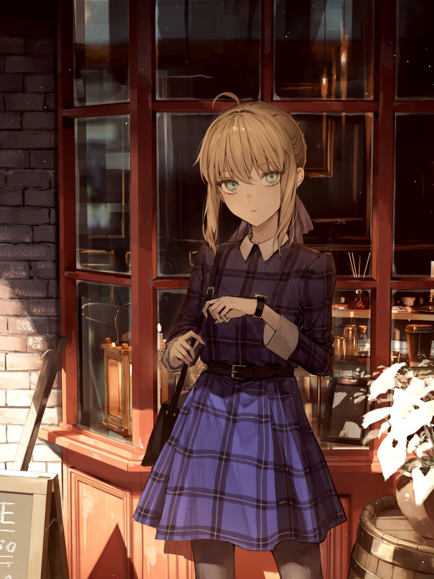 1girl absurdres ahoge alternate_costume artoria_pendragon_(fate) bag belt black_belt blonde_hair blue_dress blue_ribbon brown_belt cowboy_shot day dress fate/grand_order fate/stay_night fate_(series) green_eyes hair_between_eyes hair_ribbon hands_up highres long_sleeves outdoors parted_lips plaid plaid_dress ribbon saber_(fate) short_hair shoulder_bag solo standing tamitami watch watch window
