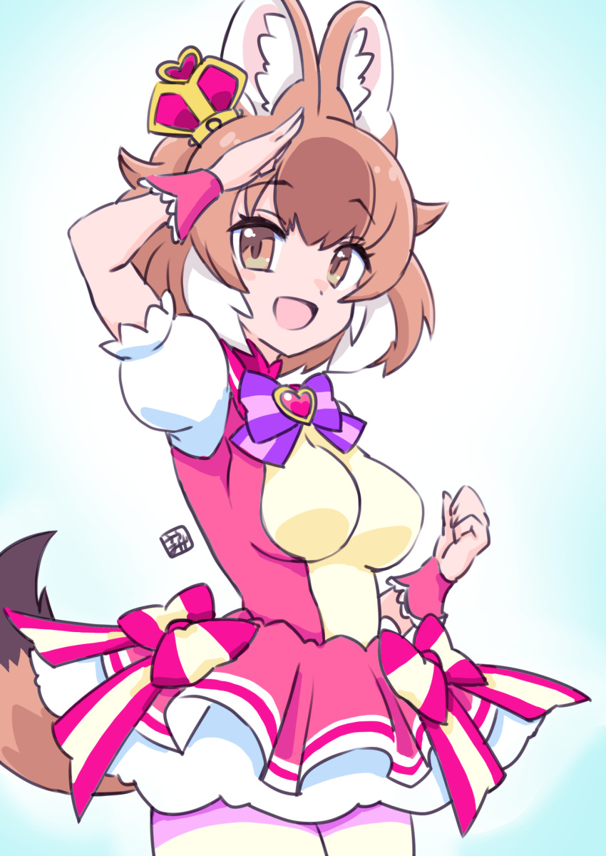 1girl alternate_costume animal_ears blush bow bowtie brown_eyes brown_hair cosplay cowboy_shot crown cure_wonderful cure_wonderful_(cosplay) dhole_(kemono_friends) dog_ears dog_girl dog_tail dress frilled_dress frills hair_between_eyes heart-shaped_ornament highres kemono_friends light_brown_hair looking_at_viewer multicolored_hair open_mouth pariparifromage pink_bow pink_dress pleated_dress precure puffy_short_sleeves puffy_sleeves purple_bow purple_bowtie salute short_sleeves sidelocks smile solo tail two-tone_dress white_hair white_sleeves wonderful_precure! wrist_cuffs yellow_dress
