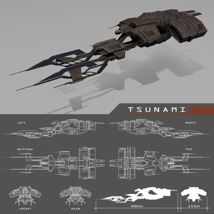 3d autodesk_3ds_max_(medium) battlecruiser_(eve_online) commentary concept_art eve_online floating from_side glowing grey_background highres machinefire military_vehicle minmatar_republic_(eve_online) multiple_views no_humans original photoshop_(medium) realistic reference_sheet science_fiction shadow spacecraft vehicle_focus