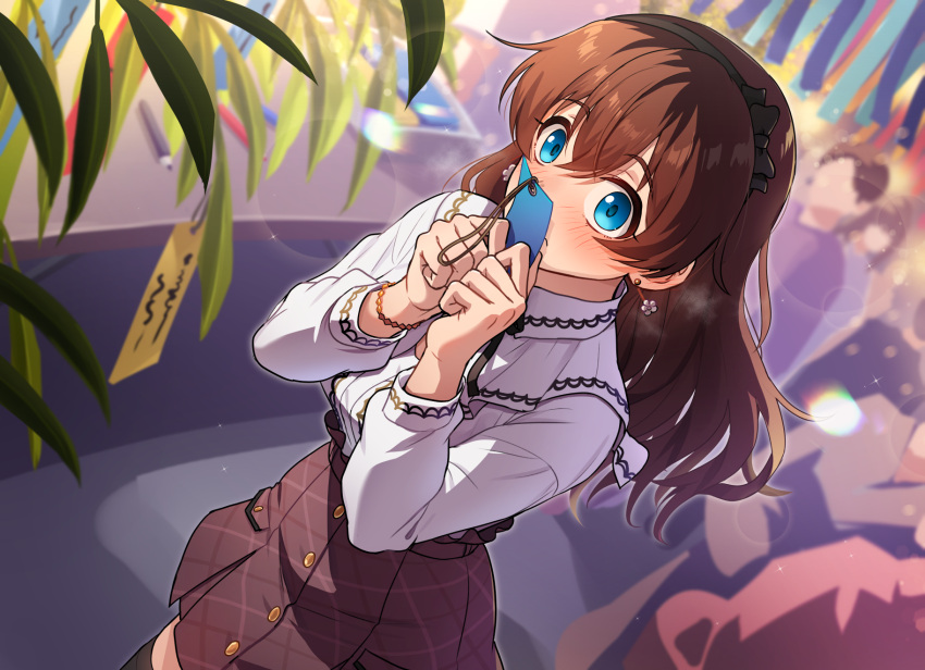 1girl black_thighhighs blue_eyes blush bow_hairband bracelet brown_hair brown_skirt closed_mouth commentary covering_mouth dutch_angle earrings frown hairband highres holding holding_paper idolmaster idolmaster_million_live! jewelry kamille_(vcx68) long_hair looking_at_viewer nose_blush omikuji outdoors paper people pov pov_hands revision satake_minako shirt skirt solo_focus standing tanabata thigh-highs white_shirt
