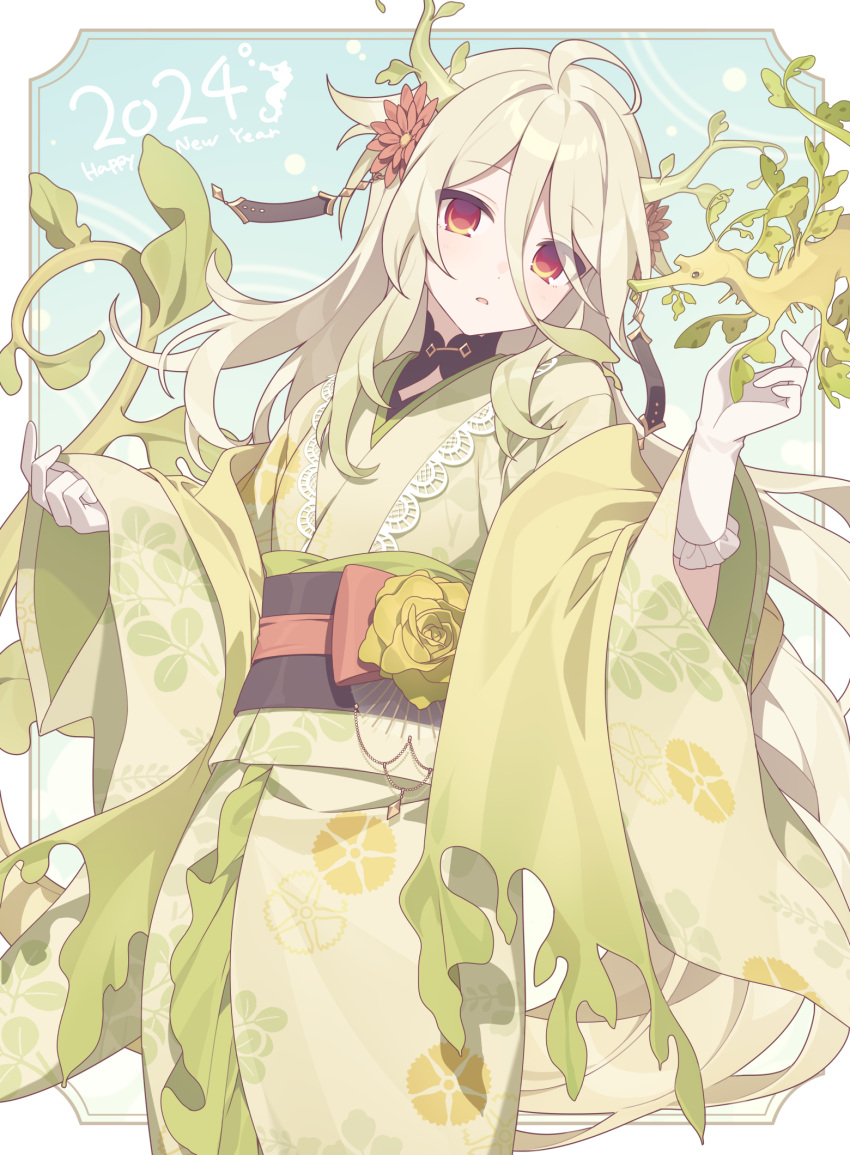 1girl 2024 ahoge blue_background brown_hair commentary_request floral_print flower gloves gradient_hair green_hair green_kimono hair_between_eyes hair_flower hair_ornament hands_up happy_new_year highres hijiri_(resetter) japanese_clothes kimono long_hair long_sleeves looking_at_viewer multicolored_hair obi original parted_lips print_kimono red_eyes red_flower rose sash sleeves_past_wrists solo very_long_hair white_gloves wide_sleeves yellow_flower yellow_rose