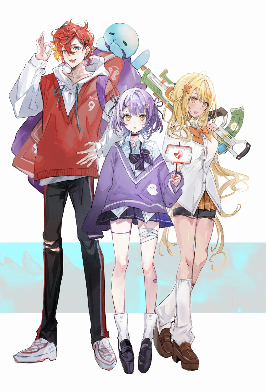 1boy 2girls :o absurdres backpack bag bandaged_leg bandages bandaid bandaid_on_leg black_footwear black_pants black_ribbon black_shorts blonde_hair blue_eyes blush bow bowtie brown_footwear commentary flipped_hair full_body hair_ornament hair_ribbon hand_up highres hizaki_gamma holding holding_sign holding_water_gun holostars hood hoodie kaminari_qpi leg_warmers long_hair long_sleeves looking_at_viewer multiple_girls ok_sign open_mouth orange_bow orange_bowtie orange_skirt pants plaid plaid_skirt platform_footwear pleated_skirt purple_bow purple_bowtie purple_hair purple_skirt purple_vest red_vest redhead ribbon shia_job shinomiya_runa shoes short_hair shorts shorts_under_skirt sign simple_background skirt sleeves_past_fingers sleeves_past_wrists smile sneakers socks symbol-only_commentary torn_clothes torn_pants undone_bowtie vest virtual_youtuber vspo! water_gun white_background white_footwear white_hoodie white_leg_warmers white_socks x_hair_ornament yellow_eyes