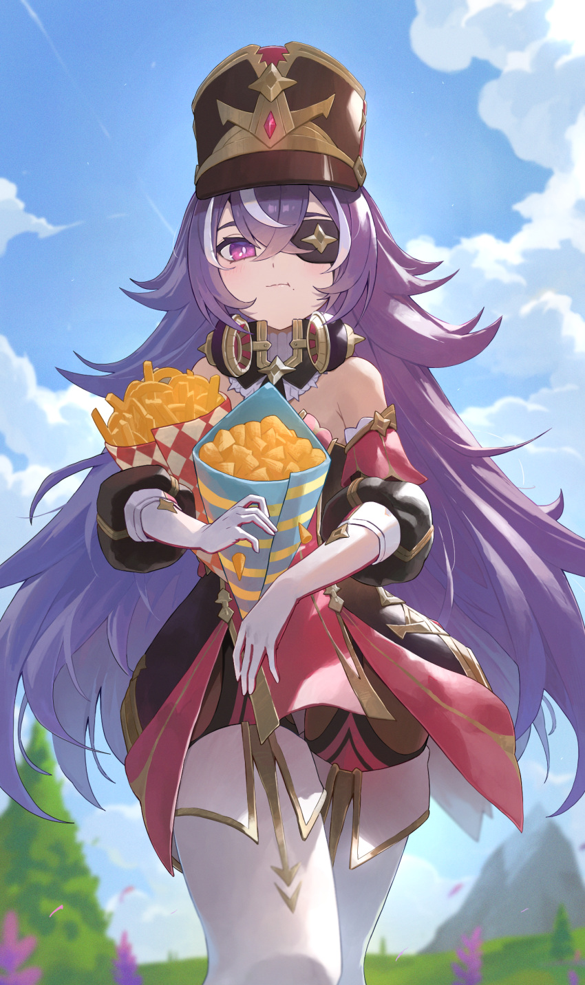 1girl black_headwear blush boots chevreuse_(genshin_impact) commentary cowboy_shot detached_sleeves eating elmo_(st_elmomomo) eyepatch food french_fries genshin_impact gloves headphones headphones_around_neck highres holding holding_food long_hair looking_at_viewer outdoors puffy_sleeves purple_hair solo thigh_boots violet_eyes white_gloves