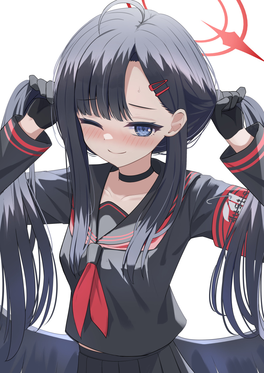 1girl ;) absurdres ahoge armband black_choker black_gloves black_hair black_serafuku blue_archive blush breasts bunching_hair choker collarbone cpk_prd gloves halo highres holding holding_hair ichika_(blue_archive) looking_at_viewer neckerchief one_eye_closed pleated_skirt red_armband red_halo red_neckerchief school_uniform serafuku sidelocks simple_background skirt small_breasts smile solo white_background